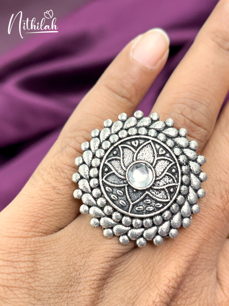 Elegant Translucent Oxidised Ring - Mata Payals Exclusive Silver Jewellery